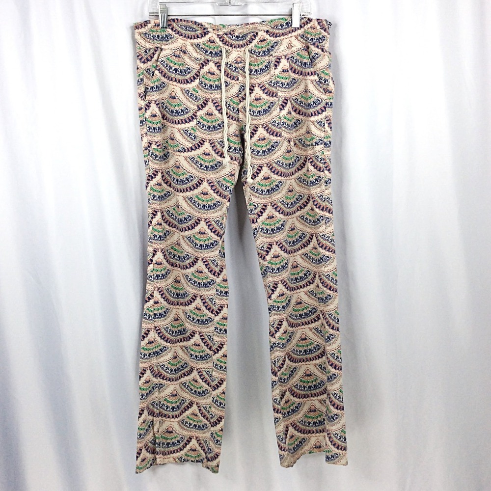 ROXY Flared Wide Leg Beach Pants Women's Size Large Blue Green Cotton Blend